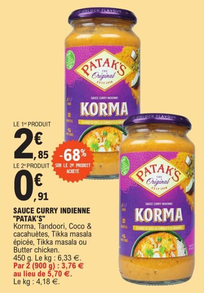 Promo Sauce curry indienne "PATAK'S" chez E.Leclerc