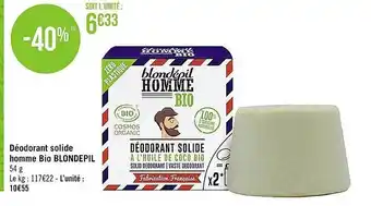 Casino Supermarchés Déodorant solide homme bio blondepil offre