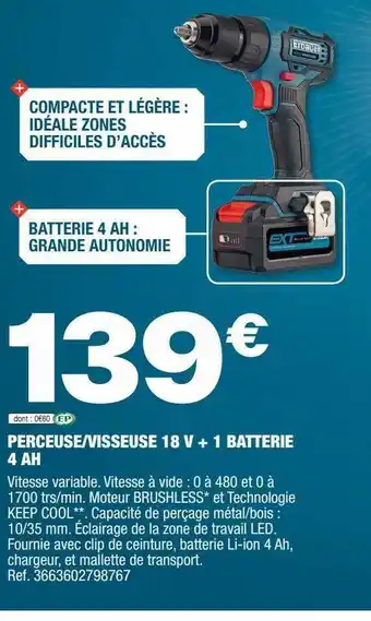 Brico Dépôt Perceuse-visseuse 18v + 1 batterie 4 ah offre