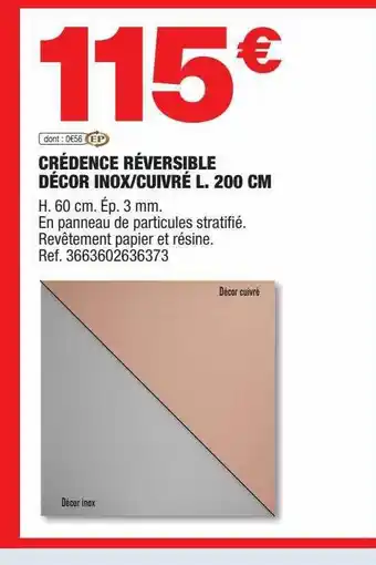Brico Dépôt Crédence réversible décor inox-cuivré l. 200 cm offre