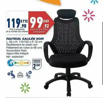 Bureau Vallée Fauteuil Galilée Noir offre