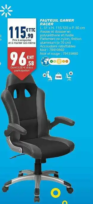 Bureau Vallée Fauteuil Gamer Racer offre