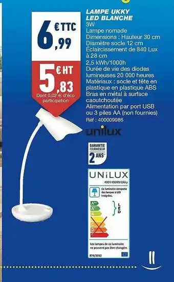 Bureau Vallée Lampe Ukky Led Blanche Unilux offre