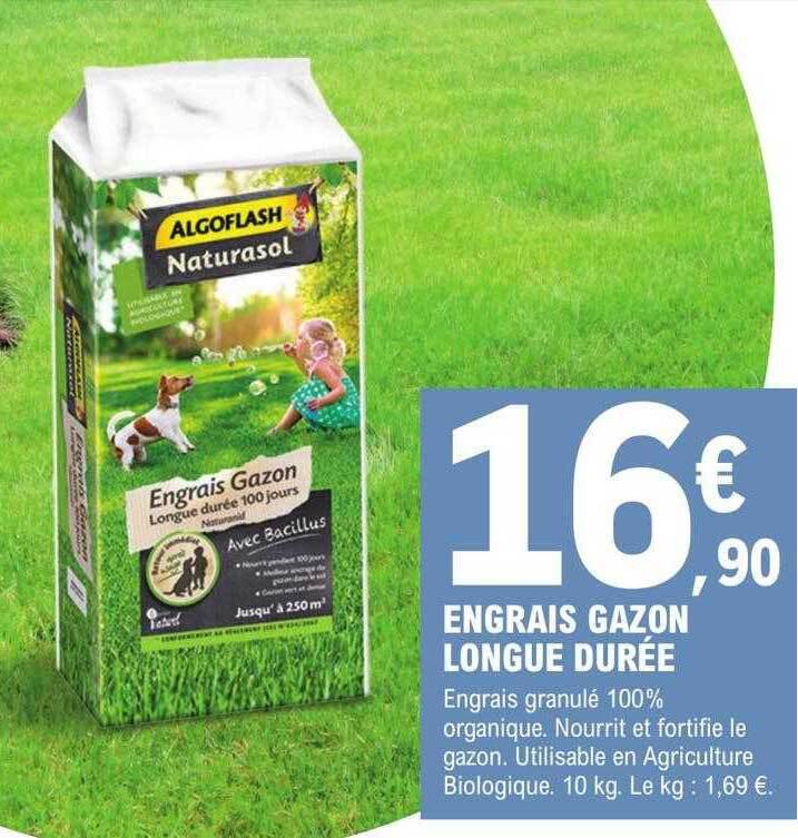 Promo Engrais gazon longue durée algoflash naturasol chez E.Leclerc Jardi