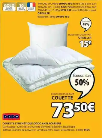 Couette Synthétique Dodo Anti Acariens