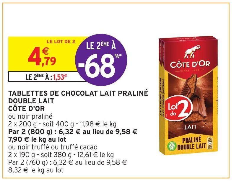 Promo Tablettes De chocolat Lait Pralinè Double Lait Côte D'or chez