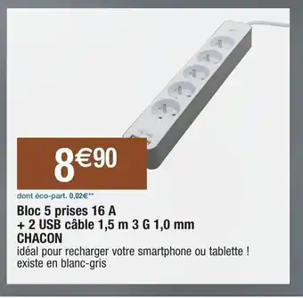 Bloc 5 prises 16 A + 2 USB câble 1,5 m 3 G 1,0 mm chacon