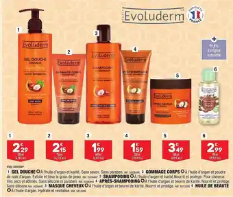 ALDI Gel douche evoluderm, gommage corps evoluderm, shampooing evoluderm, après-shampoing evoluderm, masque cheveux evoluderm, hui offre