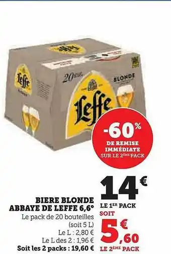 Super U Bière blonde abbaye de leffe 6,6° offre