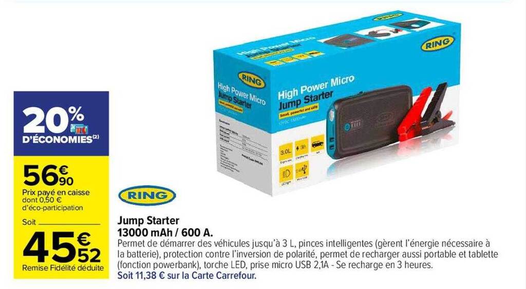 Promo Jump starter 13000 mah600a ring chez Carrefour