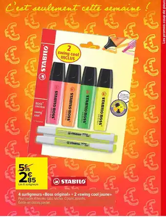 4 surligneurs «boss original» + 2 «swing cool jaune» stabilo