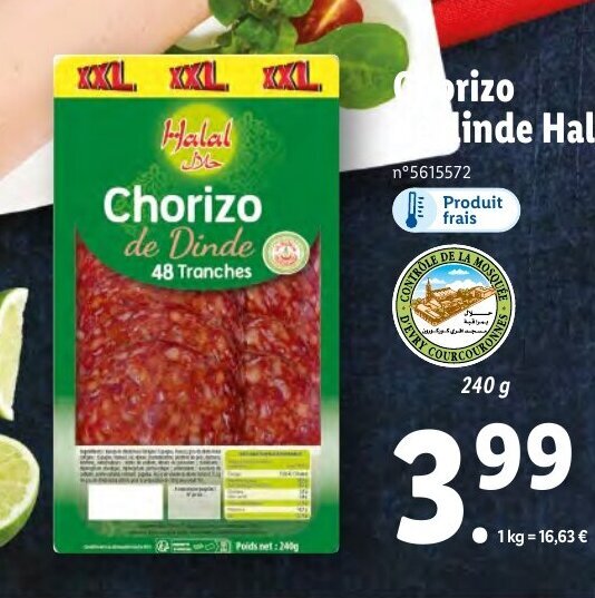 Promo Chorizo Dinde Halal chez Lidl