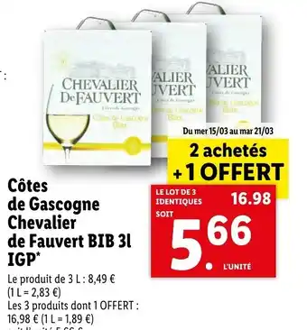 Lidl Côtes De Gascogne Chevalier De Fauvert BIB 3L IGP offre