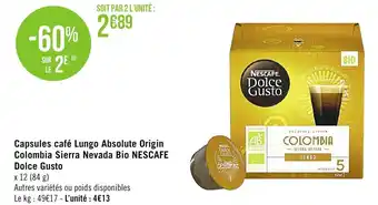 Géant Casino Capsules Cafè Lungo Absolute Origin Colombia Sierra Nevada Bio Nescafe Dolce Gusto offre