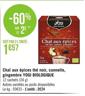 Chaï Aux èpicès Thè Noir Cannelle Gingembre Yogi Biologique