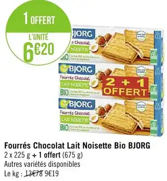 Géant Casino Fourrès Chocolat Lait Noisette Bio BJORG offre