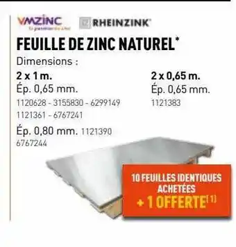 Feuille de zinc naturel vmzinc, rheinzink