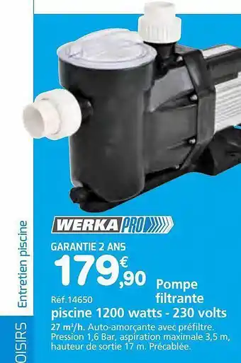 Provence Outillage Pompe filtrante piscine 1200 watts - 230 volts werka pro offre