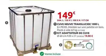 Rural Master Cuve neuve translucide 1000l, kit adaptateur de cuve offre