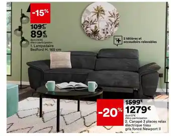 BUT Lampadaire bedford h. 166 cm, canapé 3 places relax électrique tissu gris foncé newport ii offre