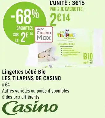 Géant Casino Lingettes bébé bio LES TILAPINS DE CASINO offre