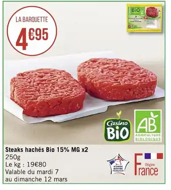 Géant Casino Steaks hachés bio 15% MG x2 offre