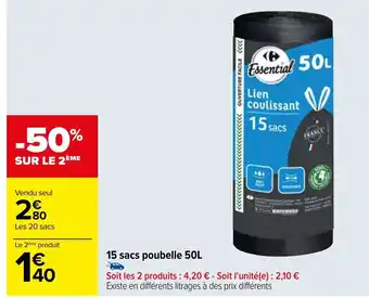 Carrefour 15 Sacs Poubelle 50L offre