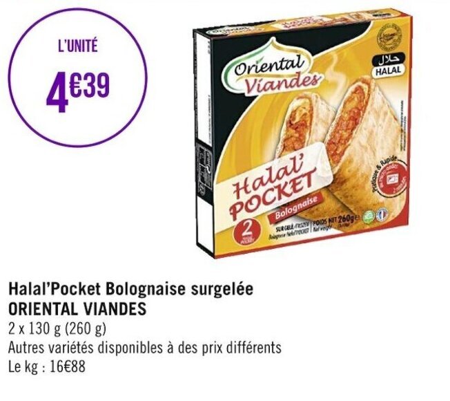 Promo Halal'Pocket bolognaise surgelee oriental viandes chez Casino