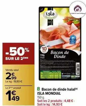 Carrefour Bacon de dinde halal isla mondial offre