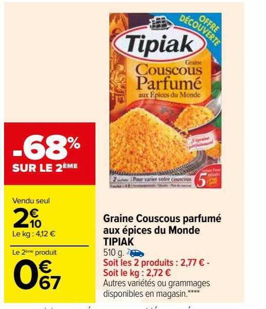 Promo Graine couscous parfumé aux épices du monde tipiak chez Carrefour