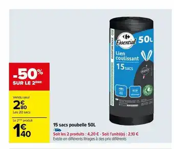 Carrefour 15 sacs poubelle 50l carrefour essential offre