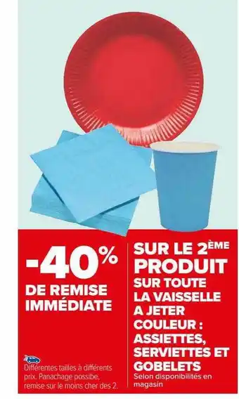 Carrefour La vaisselle à jeter couleur : assiettes, serviettes et gobelets offre