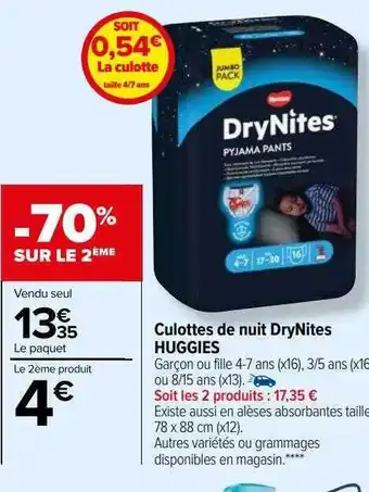 Carrefour Culottes de nuit drynites huggies offre