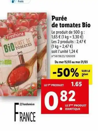 Lidl Purée de tomates bio offre