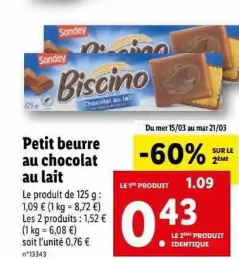 Lidl Petit beurre au chocolat au lait sondey offre