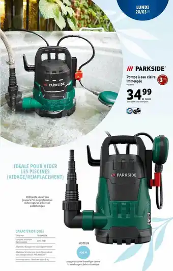 Lidl Pompe à eau claire immergée parkside offre