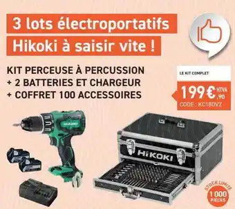 Loxam Kit perceuse à percussion + 2 batteries et chargeur + coffret 100 accessoires hikoki offre