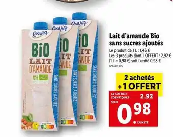 Lidl Lait d'amande bio sans sucres ajoutés envia offre