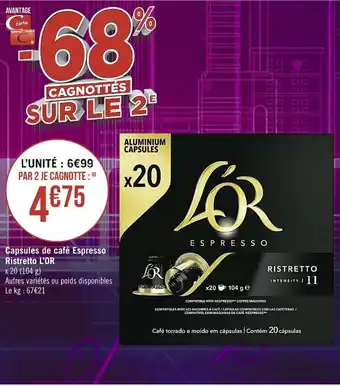 Casino Supermarchés Capsules de café espresso ristretto L'OR offre