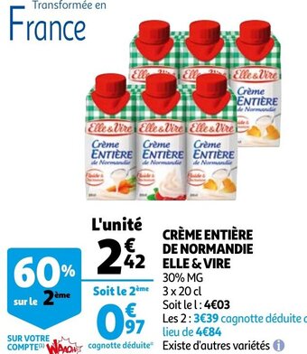 Auchan Crème Entière De Normandie Elle & Vire offre