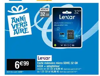Carte mémoire micro sdhc 32 gb 633x + adaptateur lexar