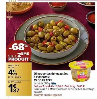 Carrefour Market Olives vertes dénoyautées à l'orientale croc frais offre