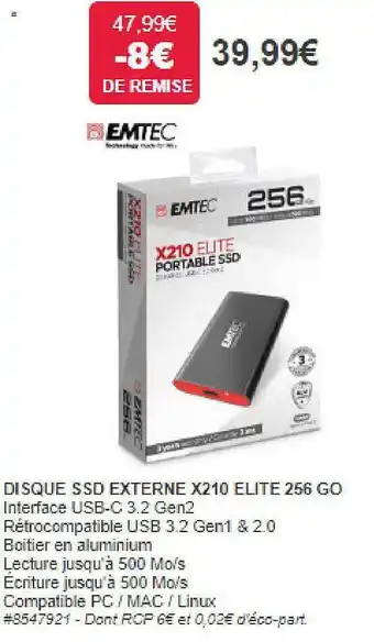 Costco Disque ssd externe x210 elite 256 go emtec offre