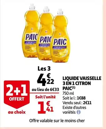 Auchan Liquide Vaisselle 3 En 1 Citron Paic offre