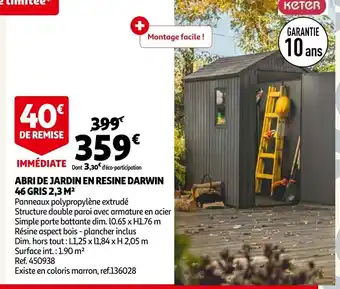 Auchan Abri De Jardin En Resine Darwin 46 Gris 2,3 m offre