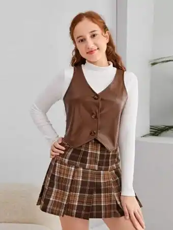 Shein fille adolescente veste sans manches à bouton en cuir pu & jupe plissée à carreaux