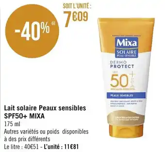 Géant Casino Lait solaire peaux sensibles SPF50+ MIXA offre