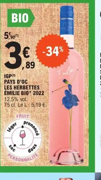 E.Leclerc IGP Pays d'Oc Les herbettes emilie bio 2022 offre