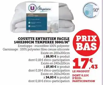 Hyper U Couette entretien facile 140x200cm temperee 300g/m2 offre