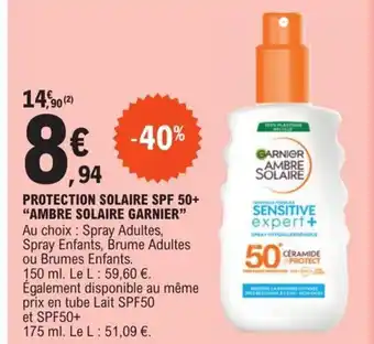 E.Leclerc Protection Solaire SPF 50+ "Ambre Solaire Garnier" offre